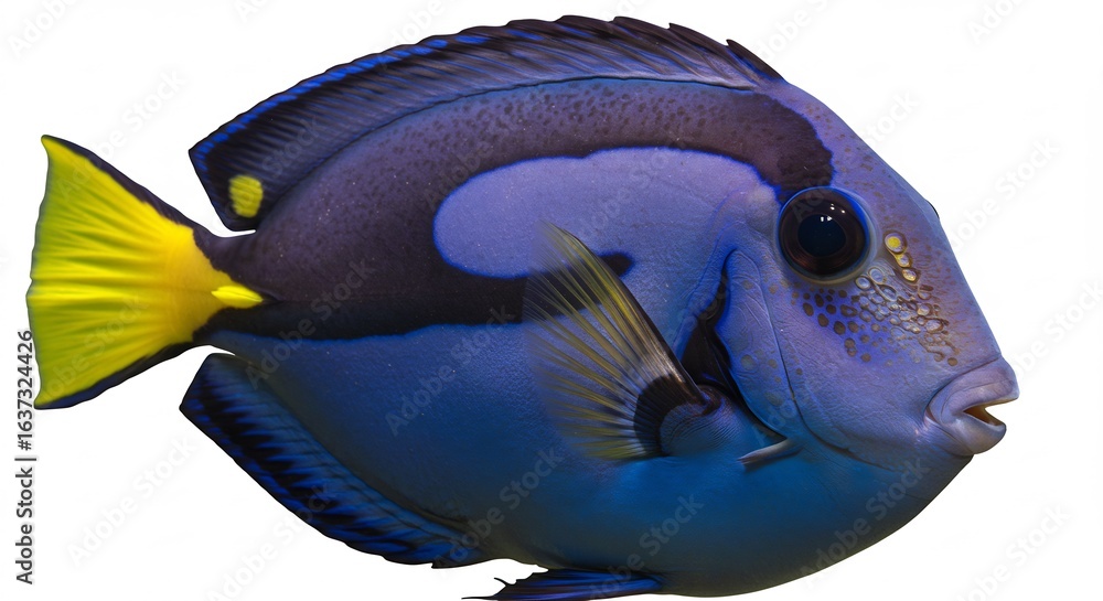 Naklejka premium Vibrant blue fish swims gracefully against bright white background. AI Generated