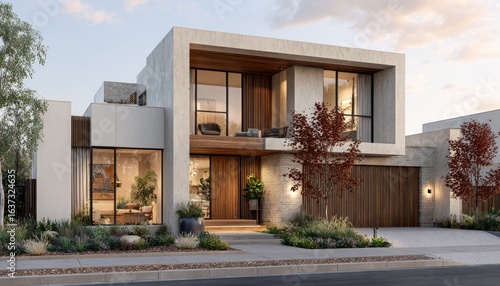 Modern home exterior with light beige and wood tones