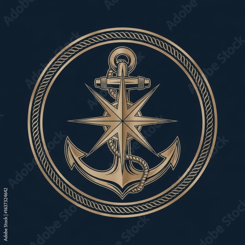 Elegant nautical emblem featuring a golden anchor and compass rose design