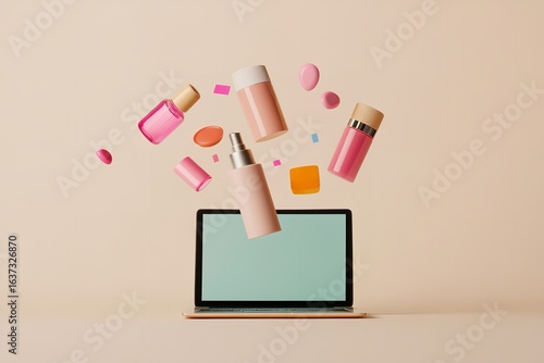An array of cosmetics are shooting out of laptop over pale beige setting depicts buying online and real products lovely hue space, Generative AI.