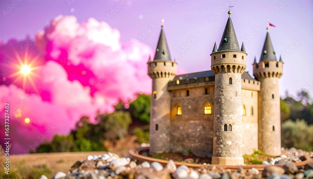 Fototapeta premium Miniature castle, vibrant sunset, dreamy clouds