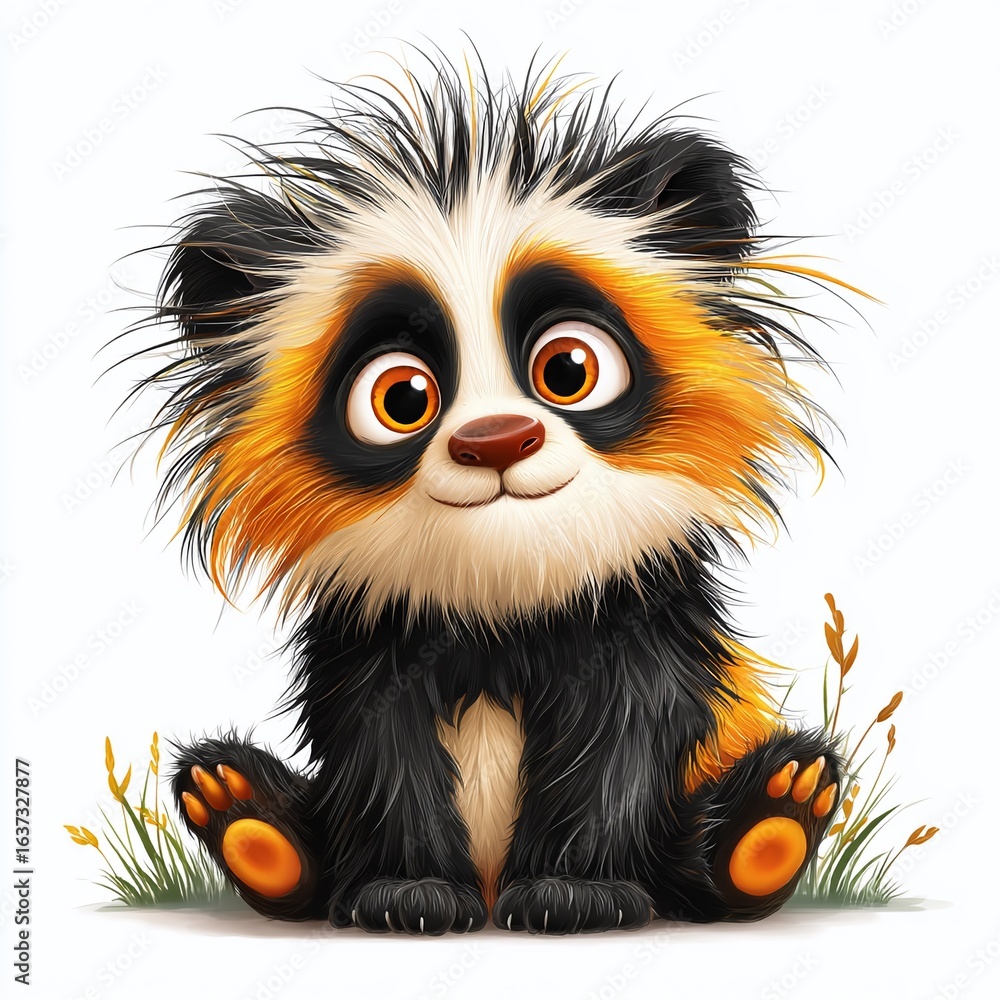 Fototapeta premium Adorable Cartoon Panda with Wild Fluffy Hair A Whimsical Illustration of a Playful Bear Cub