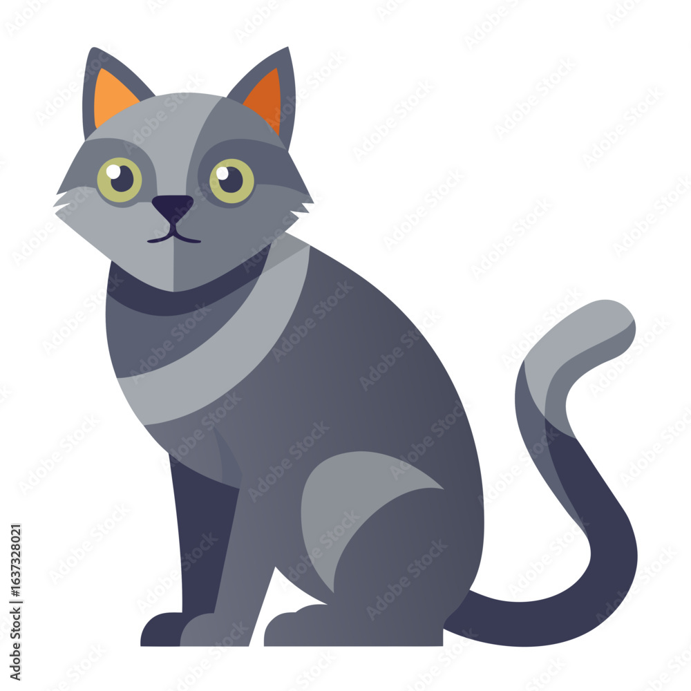 Obraz premium vector illustration of gray cat, crouching, flat design