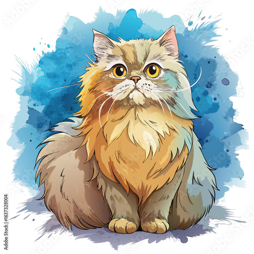vector illustration of persian cat, grooming, watercolor
