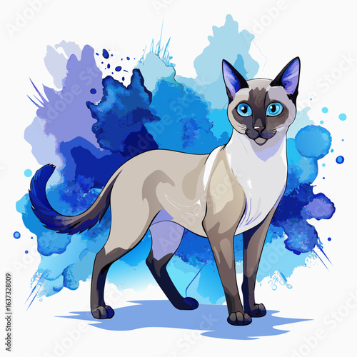 vector illustration of siamese cat, walking, watercolor
