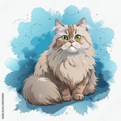 vector illustration of persian cat, lying graceful, watercolor