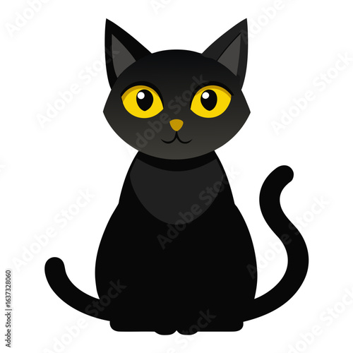 vector illustration of black cat, sitting alert, flat design