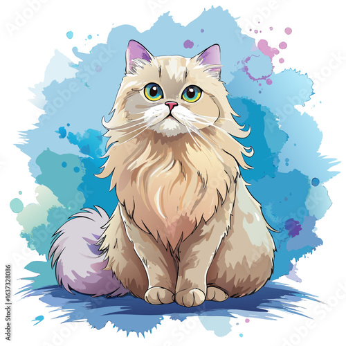 vector illustration of persian cat, sitting elegant, watercolor