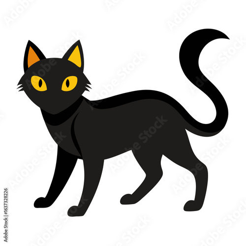 vector illustration of black cat, walking, flat design