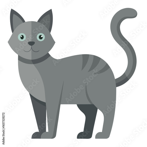 vector illustration of gray cat, grooming, flat design
