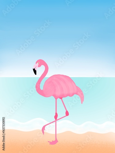 Pink Flamingo on Beach with Bright Sky – Illustration
