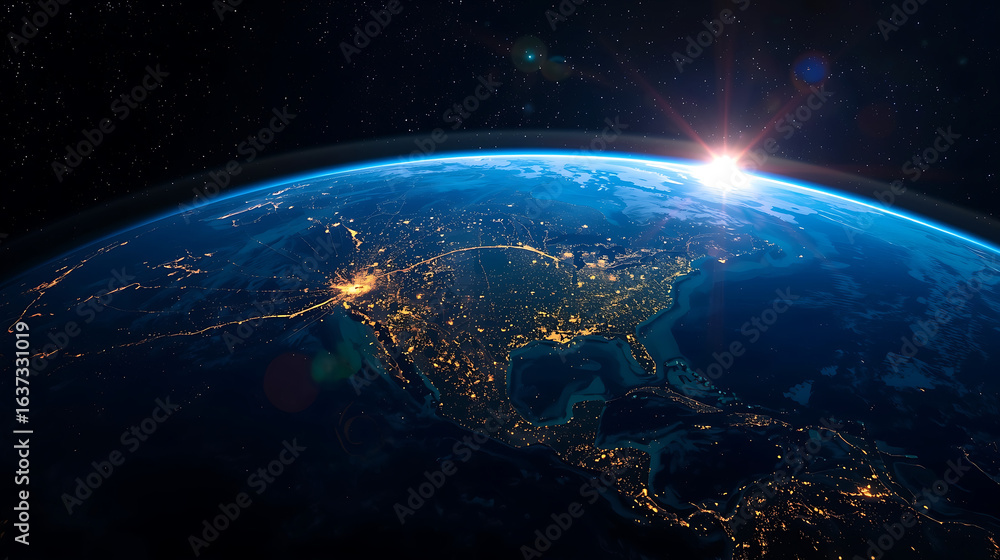 Obraz premium The image depicts a satellite orbiting Earth in outer space, illuminated by city lights across continents and surrounded by numerous stars and cosmic light effects against a deep blue background.