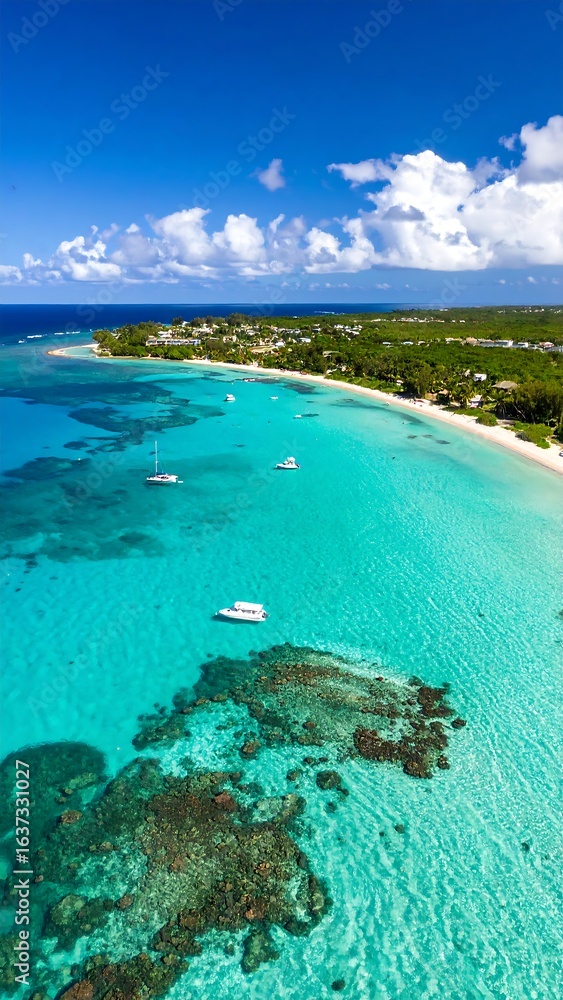 Obraz premium Aerial view of a tropical coast, showcasing turquoise water, a sandy beach, and several boats anchored near a vibrant coral reef