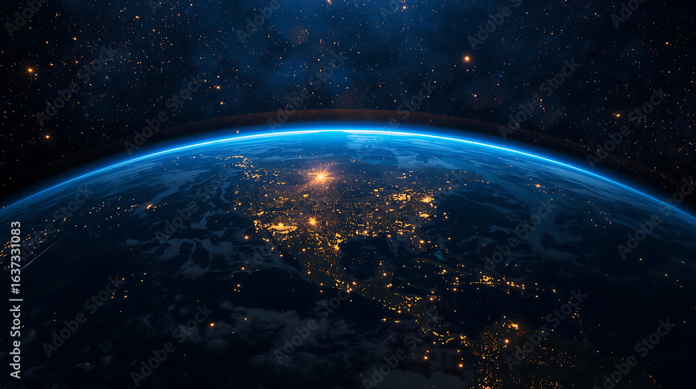 Fototapeta premium The image depicts a satellite orbiting Earth in outer space, illuminated by city lights across continents and surrounded by numerous stars and cosmic light effects against a deep blue background.