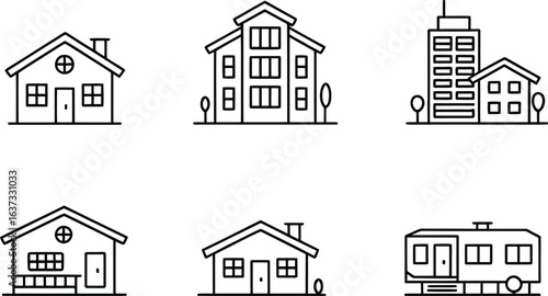 Collection of hand drawn house and building icons in black and white