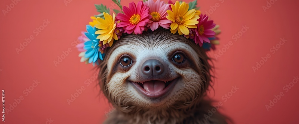 Fototapeta premium Happy sloth wearing a colorful flower crown, plain coral background