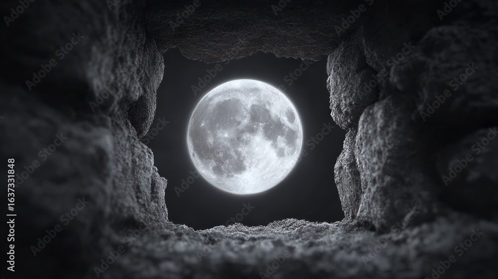 Fototapeta premium Full moon viewed through rough textured cave opening in darkness night