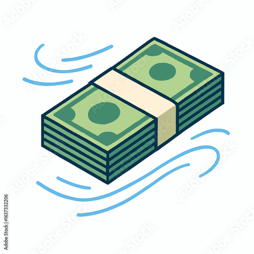 Stack of cash money bills with dynamic motion lines floating around them.