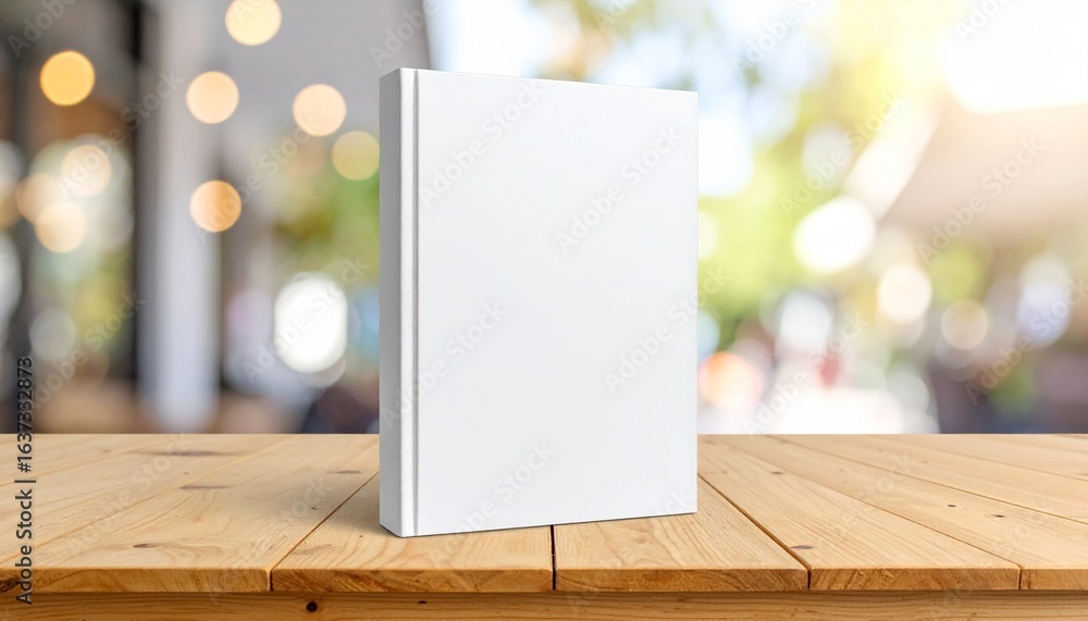 custom made wallpaper toronto digitalBlank white hardcover book mockup standing on a wooden table. Template for showcasing a book cover design against a blurred background.