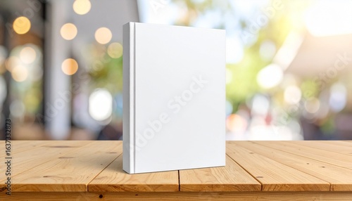 Blank white hardcover book mockup standing on a wooden table. Template for showcasing a book cover design against a blurred background.