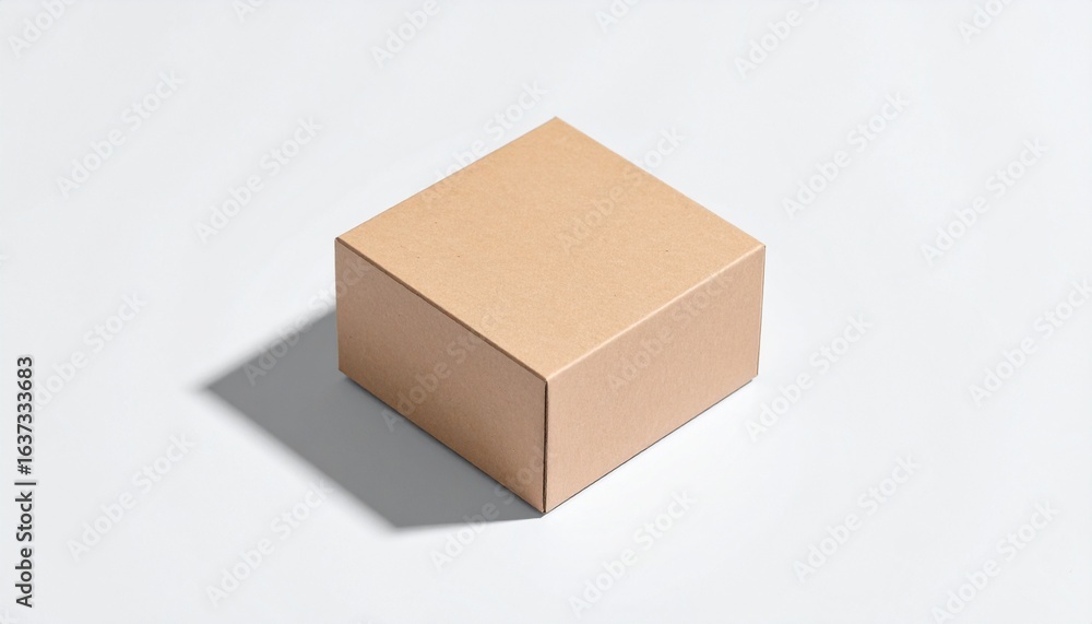 Fototapeta premium Isometric view of a simple brown cardboard cube box with a shadow on a white background. Minimalist packaging and shipping concept.