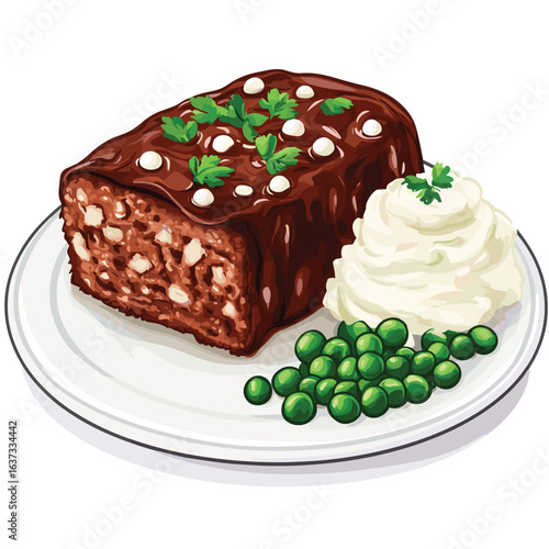 2D flat vector of meatloaf slice with mashed potatoes and peas, homestyle dinner meal vector illustration