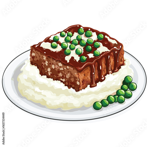 2D flat vector of meatloaf slice with mashed potatoes and peas, homestyle dinner meal vector illustration