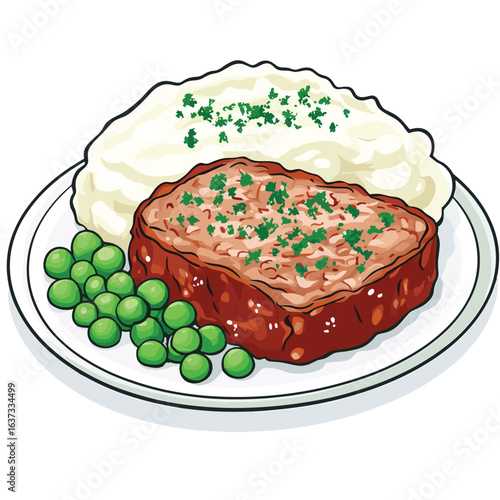 2D flat vector of meatloaf slice with mashed potatoes and peas, homestyle dinner meal vector illustration