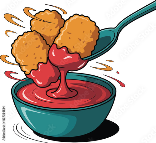 Chicken nuggets dipped in ketchup on a spoon