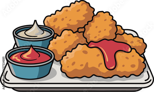 Crispy golden chicken tenders with ketchup and mayonnaise dipping sauces on a plate