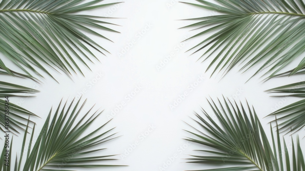 Fototapeta premium Palm fronds arranged symmetrically on a white background