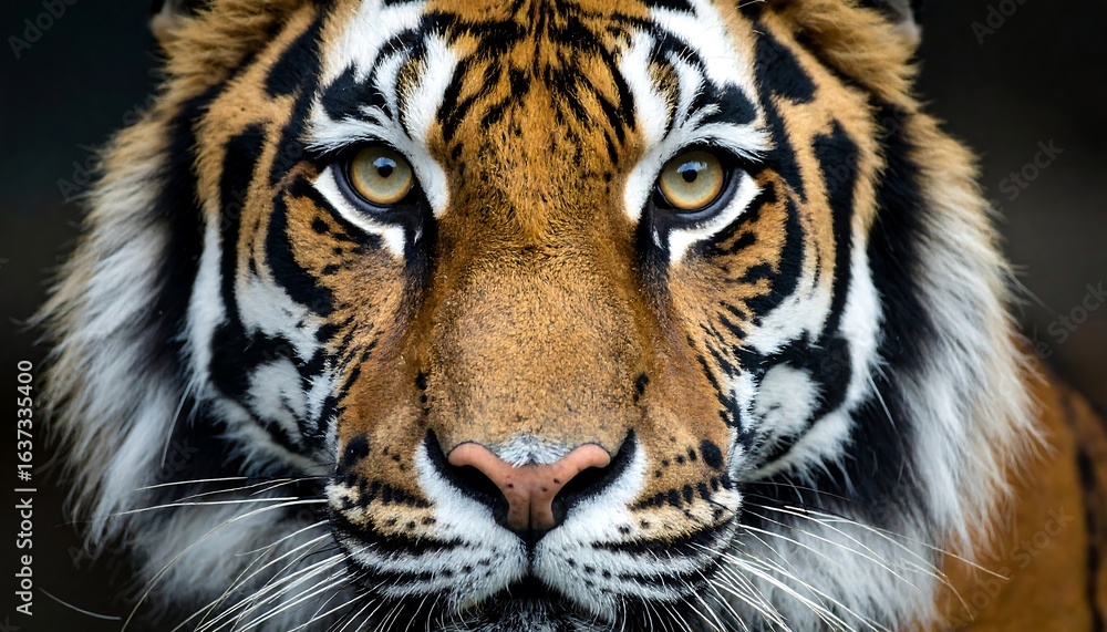 Naklejka premium Close-up of a tiger's intense gaze, showcasing its striking orange and black stripes, and powerful features