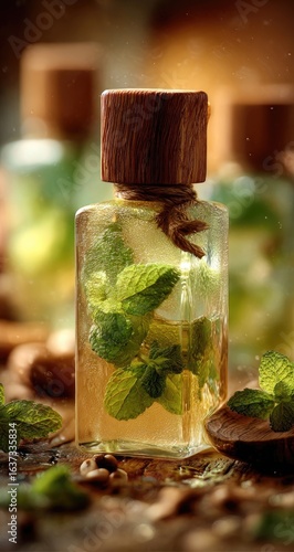 Close-up of a glass bottle with wooden cap filled with herbal oil, adorned with fresh mint leaves