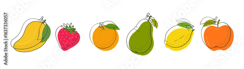 Vector banner with tropical fruit and berries. Summer tropical banner design with healthy fruit, apple, pear, orange, strawberry, mango, avocado, and lemon. 