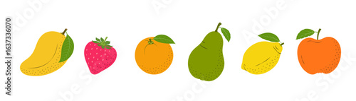 Vector banner with tropical fruit and berries. Summer tropical banner design with healthy fruit, apple, pear, orange, strawberry, mango, avocado, and lemon. 