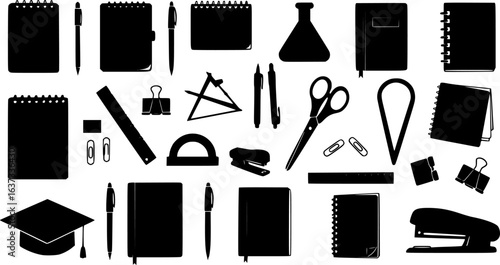 Collection of black silhouettes of essential school and office supplies