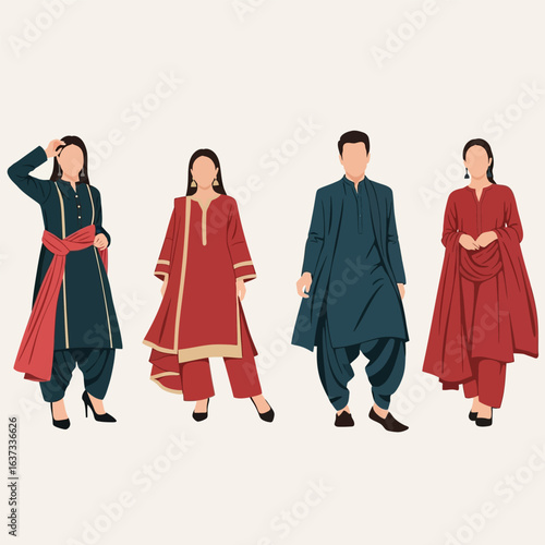 Four figures in traditional Pakistani clothing stand against a neutral background, showcasing diverse styles and colors.