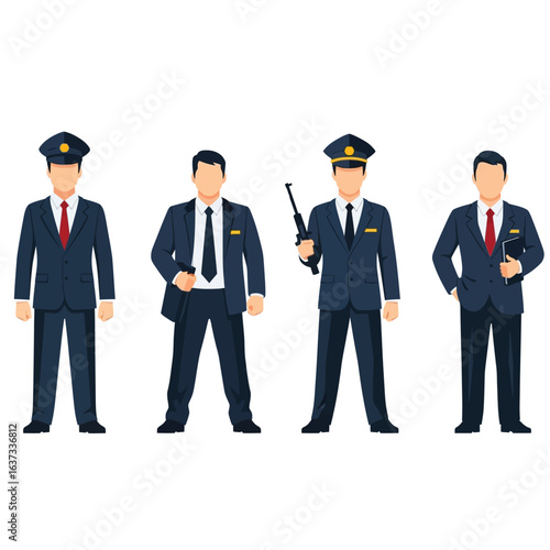 Four uniformed security personnel, standing in a row, in formal attire, holding various items.