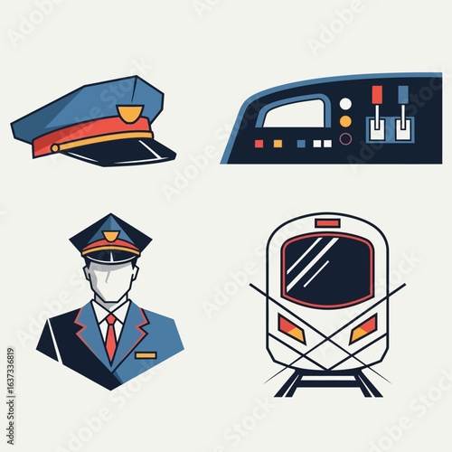 Flat design icons of train conductor, train control panel, conductor's cap, and a train.