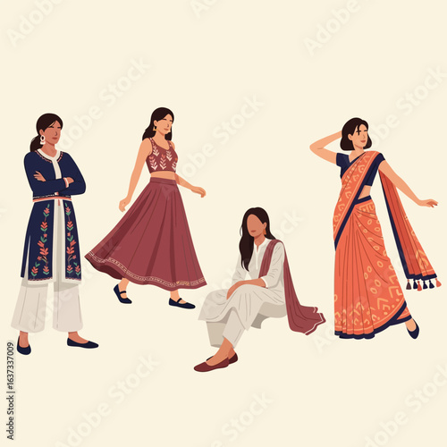 Four women showcasing diverse Indian traditional clothing styles, including salwar kameez, lehenga choli, and saree, against a neutral background.