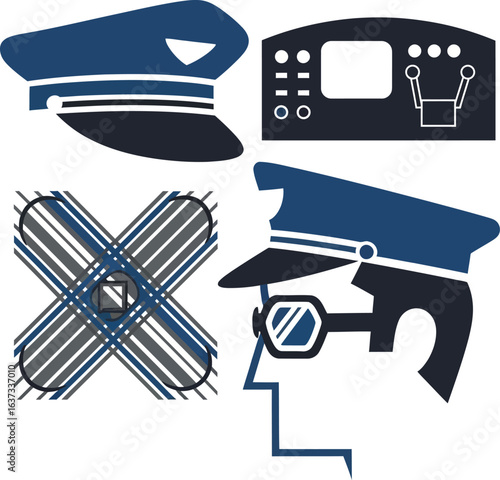 Graphic illustration featuring a pilot's hat, control panel, cross design, and a pilot's profile with goggles.
