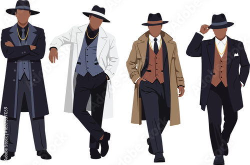 Four men in suits and hats, posing in different stances, showcasing vintage fashion.