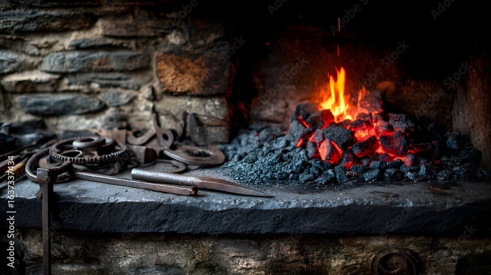 Obraz premium Old metalworking tools and glowing coals in a forge.