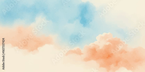 Abstract watercolor background with fluffy white clouds and a bright sun in a blue summer sky