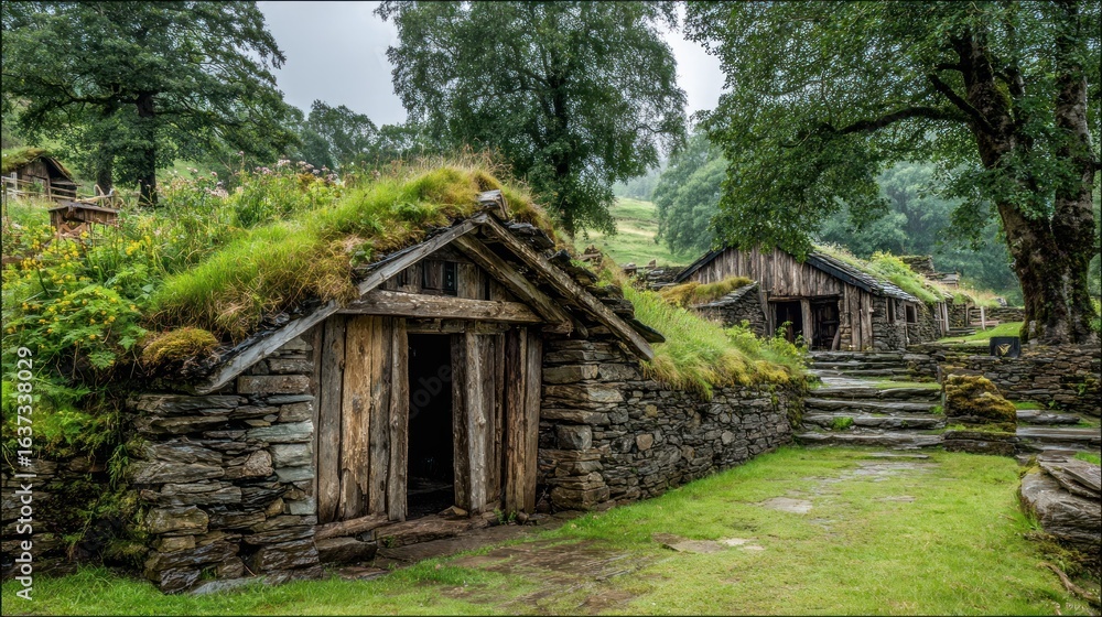 Stone huts with grassy roofs Stone huts with grassy roofs