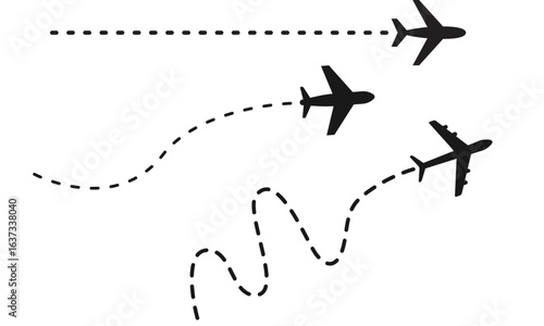 Airplane with dotted line route. flying plane with twisted, curved and straight dashed trace path. transparent png and vector illustration