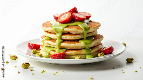 Healthy gluten-free pancakes with pistachio cream and strawberry topping