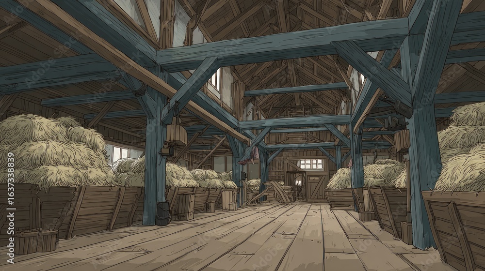 Fototapeta premium Wooden barn interior, hay bales