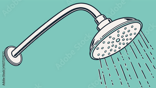 Illustration of a modern chrome shower head with running water for bathroom and plumbing designs