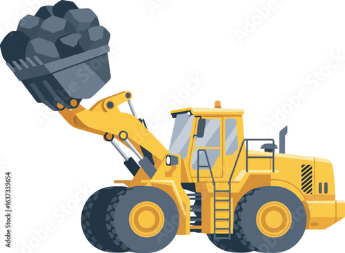 A yellow front-end loader is lifting a large pile of dark gray rocks.